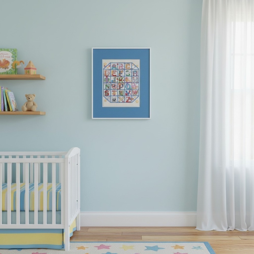 VTG Handmade Cross Stitch Alphabet Nursery Wall Art Frame ABC Sampler 16.5" x 20